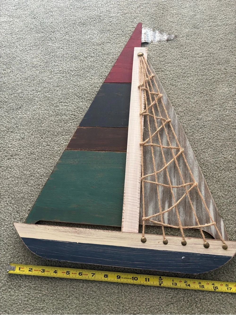 Wooden Sailboat Wall Decor in Red, Green, Navy & Natural